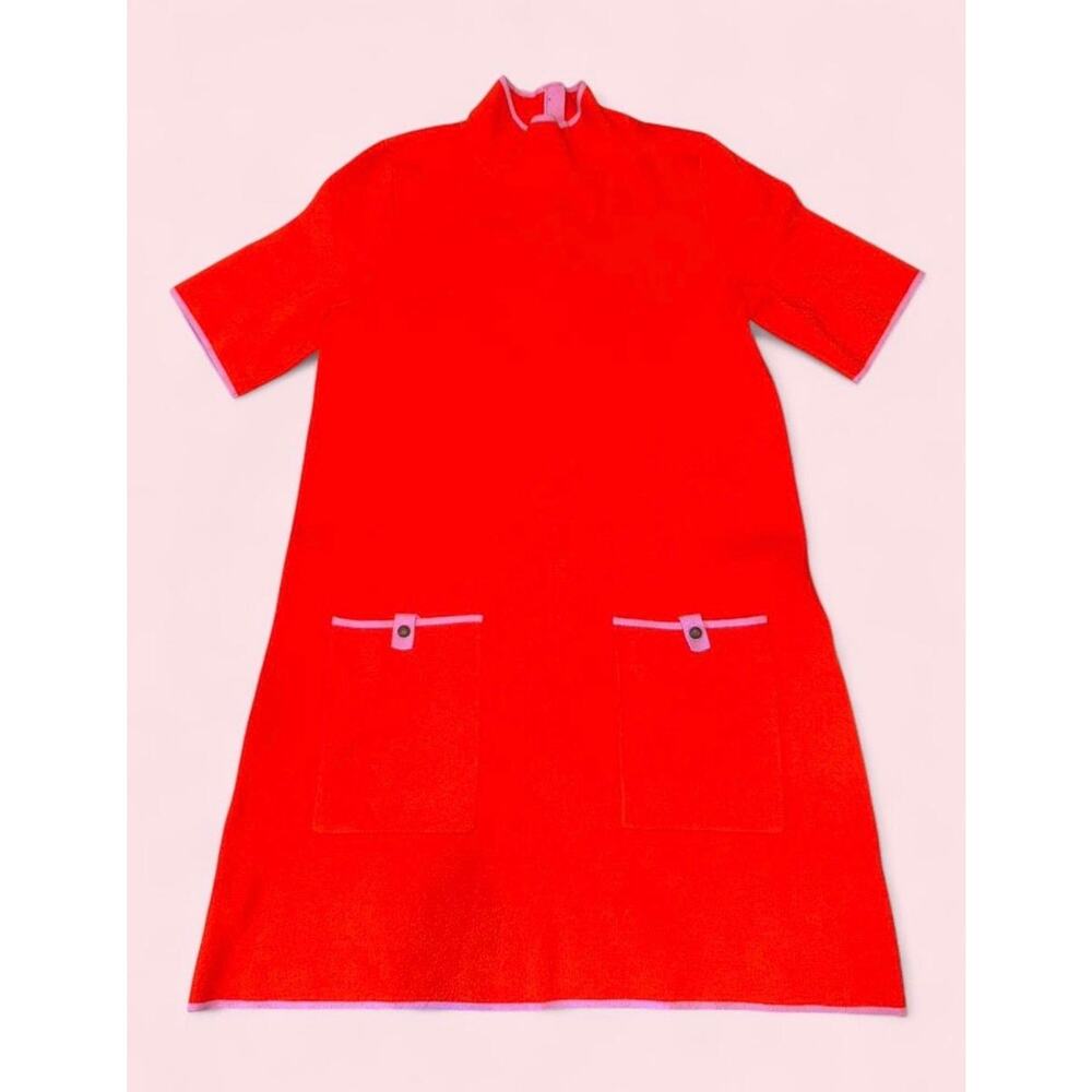 Maeve Orange Pink Knit Mock Neck Midi Dress Retro Mod 60s Sz M Office Twee Sz M